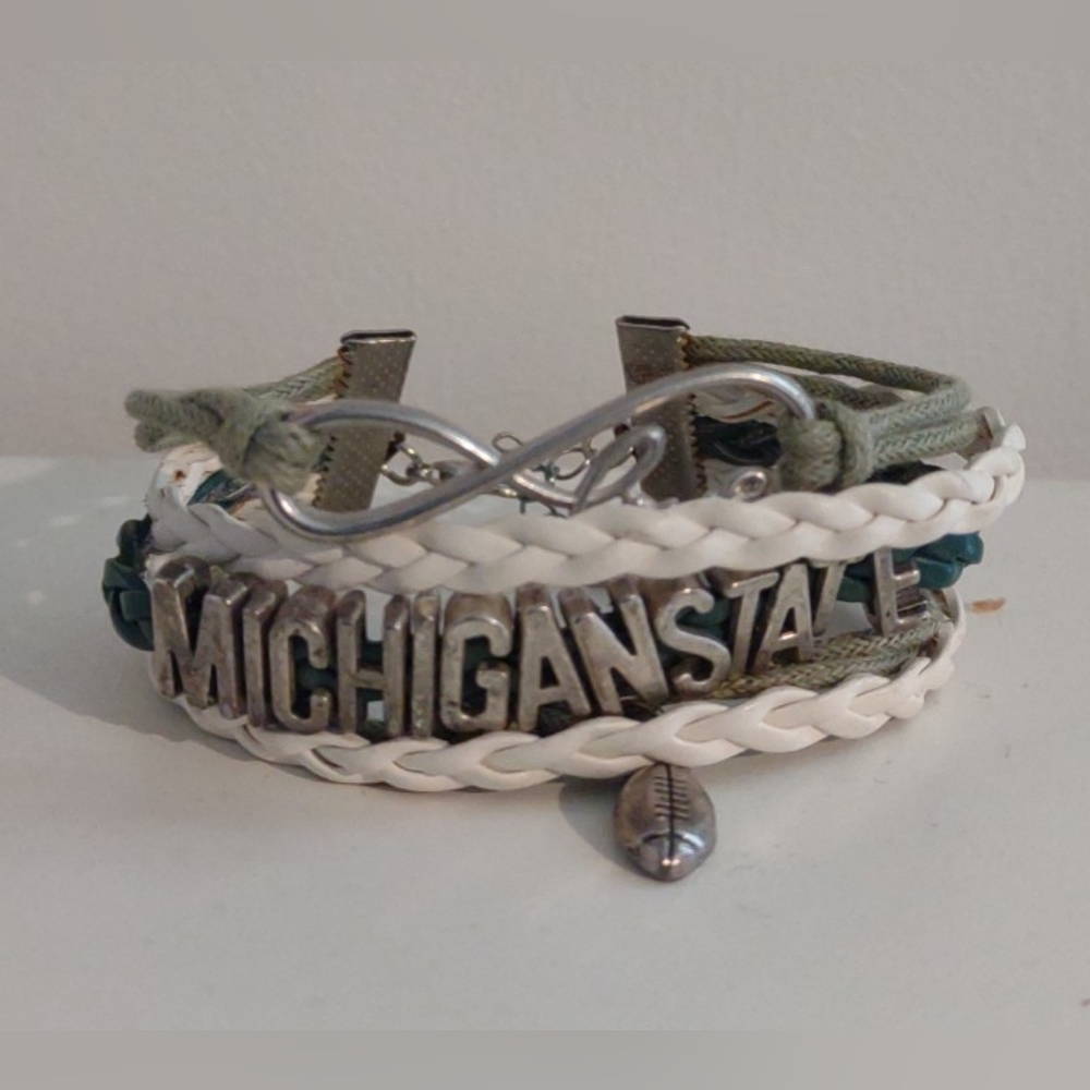 Michigan State Green & White Infinity Braided Leather Bracelet w/ Silver Footbal
